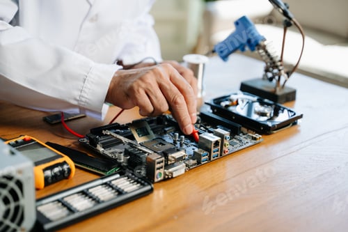Preview: The technician repairing the motherboard in the lab with copy space. the concept of computer