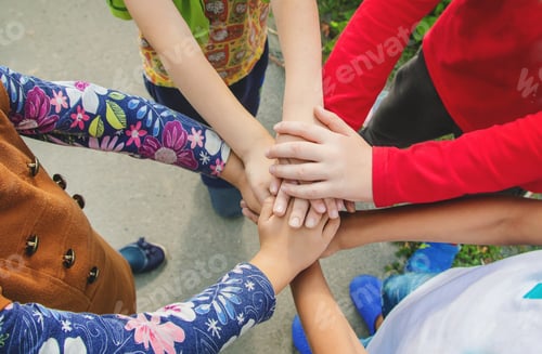 Preview: hands of children, many friends, games. Selective focus