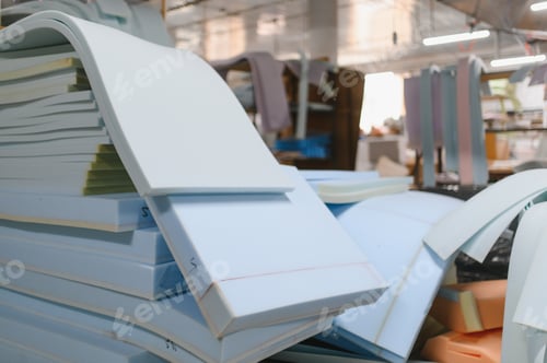 Preview: Foam rubber sheets stacked in furniture factory for sofa production