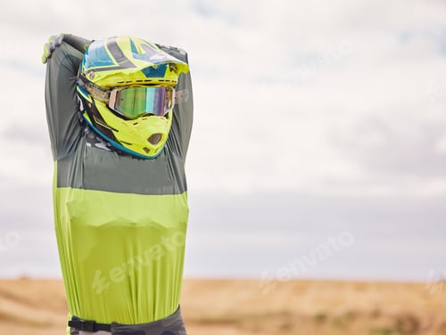 Preview: Sports, stretching and man with helmet for motorcycle in nature for training, workout and performan