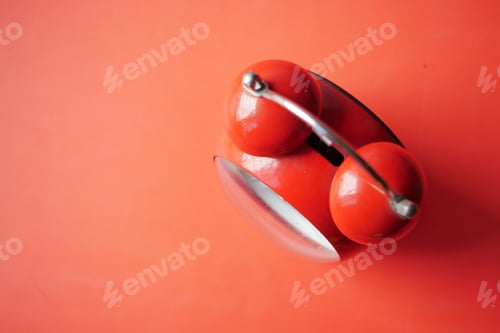 Preview: red color old alarm clock on table