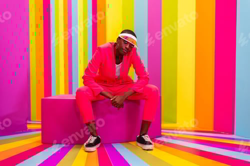 Preview: Beautiful young woman dancing and having fun inside a rainbow box room