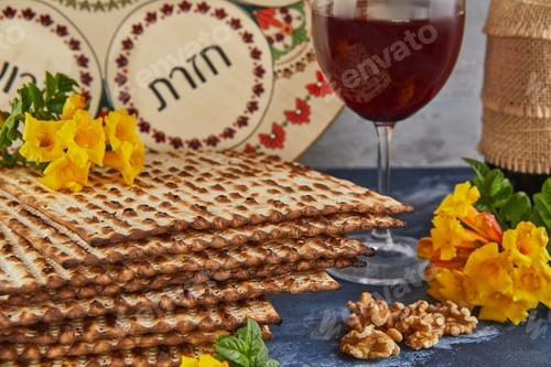 Preview: Pesach celebration concept - Jewish holiday Pesach. Background with yellow flowers