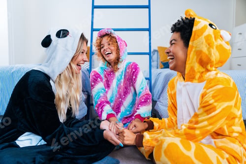 Preview: Multiethnic group of young female friends having pajamas party at home