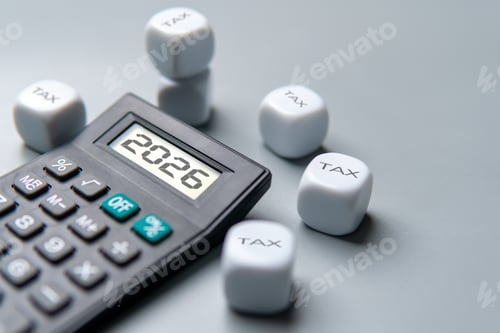 Preview: A calculator displaying the year 2026 surrounded by dice labeled TAX.