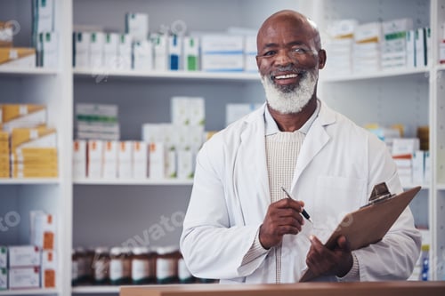 Preview: Pharmacy portrait, clipboard and mature black man writing notes of hospital product, healthcare dru