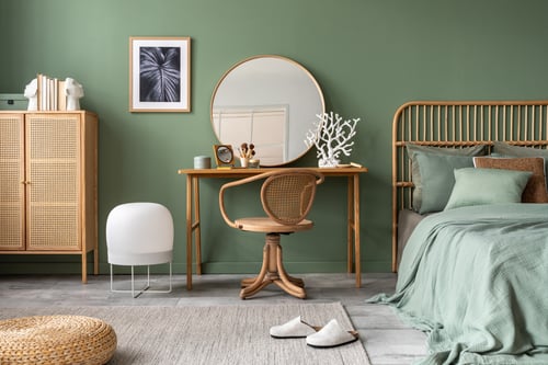 Stylish composition of bedroom in modern glamour interior design