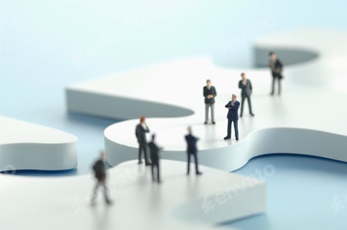 Preview: Business men figurines standing on puzzle pieces