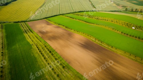 Preview: Rural drone aerial view landscape of farm fields and rolling hills in South Moravia, Czech Republic