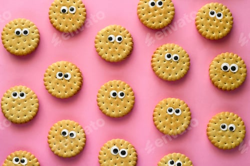 Preview: top view creative still life flat lay cookies with googly eyes rows pattern on vibrant pink