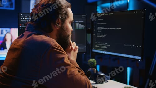 Preview: Software engineer concerned, concentrating on finding code bugs, close up