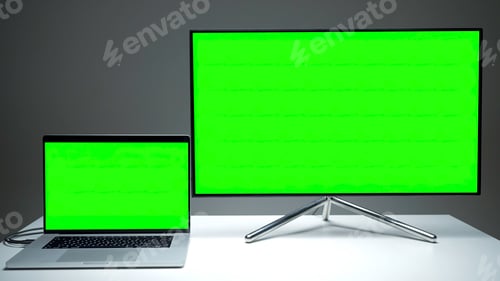 Preview: New TV models. Action.A small laptop that is comfortable to use and a large plasma TV with green