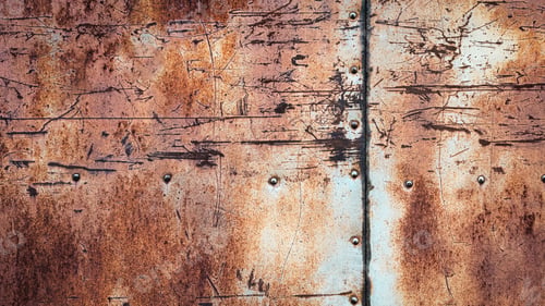 Preview: Rusty metal background, scratches stains rivets and seams on textured iron wall