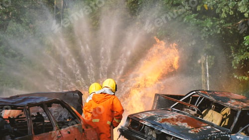 Preview: Firefighter fighting with flame using fire hose chemical water foam spray engine. Fireman hard hat