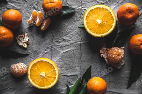 Preview: Citrus on table: mandarin, tangerine with a knife. Fresh organic juicy. Wholesome healthy food