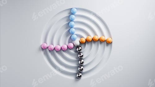 Preview: Colorful spheres converging on white concentric circles, minimalist design