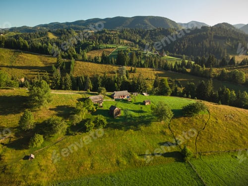 Preview: Aerial view of Mountain Village in Carpathians in Summer day