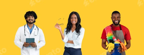 Preview: People from multiple professions posing over yellow background