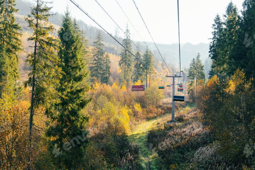 Preview: Cable car on a ski resort. Golden autumn panoramic wallpaper.