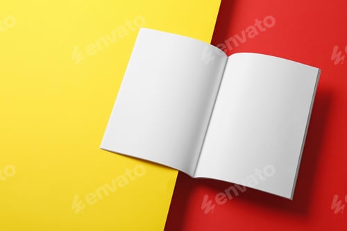 Preview: Empty book pages on color background. Mockup for design