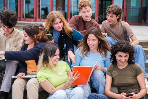 Preview: Group of college students sharing books and notes together at the door of the university