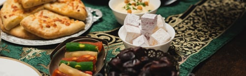 Preview: Delicious food on table during dinner at ramadan, banner