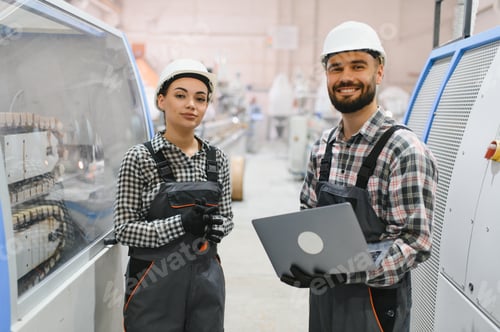 Preview: Smiling industrial workers using laptop in factory
