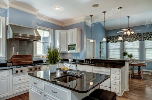 Preview: Large American style kitchen and dining room interior with granite countertops