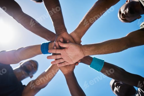 Preview: Hands, teamwork and unity for motivation below in sports collaboration, strategy or game cooperatio
