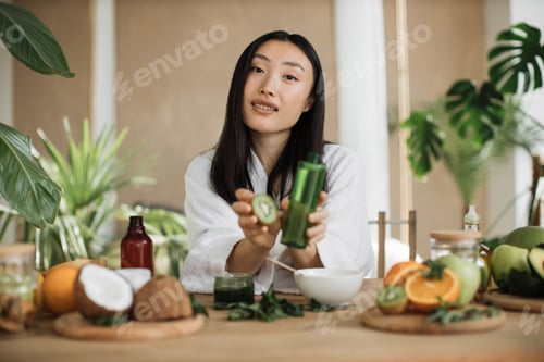 Preview: Portrait of beautiful asian girl making nourishing mask with kiwi in tropical exotic studio.