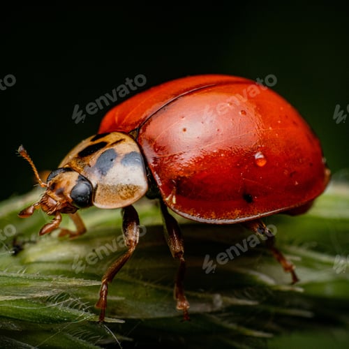 Preview: Vibrant macro shot of an Asian lady beetle on a green leaf.