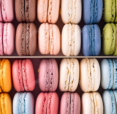 Preview: Colorful french macaroons backgrounds, flat lay. Holidays and celebrations concept.