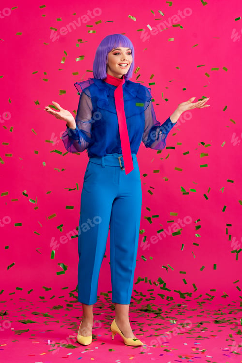 Preview: beautiful happy pop art girl on party with confetti, on pink