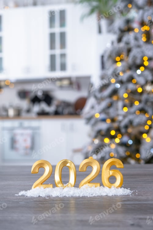 Visualização: Número dourado 2026 na mesa no fundo da aconchegante cozinha branca com árvore de Natal