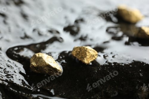 Preview: Shiny gold nuggets on wet stone, closeup