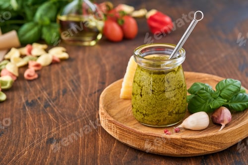 Preview: Jar with homemade pesto sauce on rustic background with parmesan cheese, olive oil, sause pesto, bas