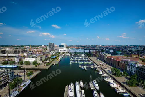 Preview: Yachts at the oldest harbor district Eilandje of Antwerp city - waterfront marina promenade, Belgium