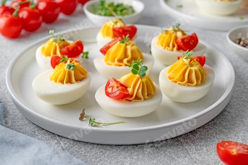 Preview: Deviled eggs with cheese, mustard and microgreens on top on a plate for Easter.