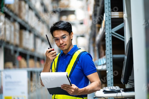 Preview: A man in a blue shirt and yellow vest is standing in a warehouse