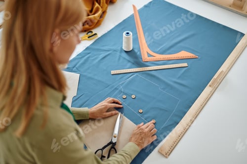 Preview: Dressmaker measures cloth on the table in workshop