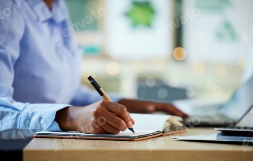 Preview: Hands, writing or notebook for financial data, company budget or insurance accounting in business o