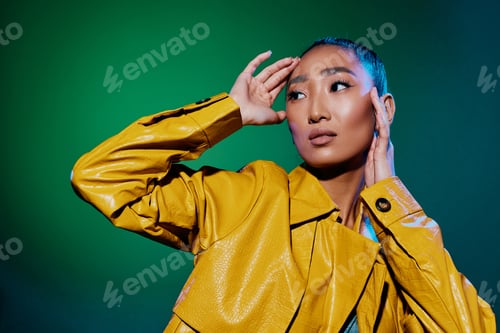 Preview: Woman trendy neon green light colorful disco yellow fashion beauty slim