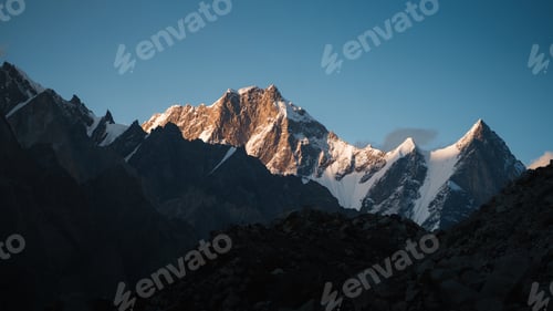 Preview: Trango towers k2 region illuminating karakoram mountain landscape. Paiju koburtse