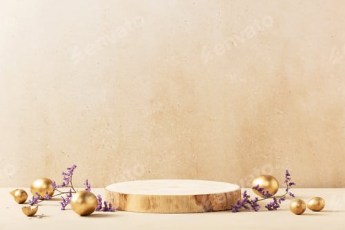 Preview: Empty round wooden podium, golden easter eggs with spring flowers on a beige background