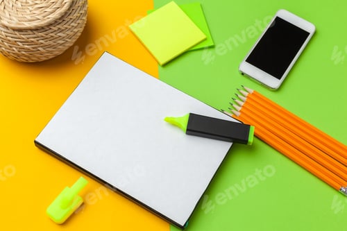 Preview: Blank paper with smart phone on desk.top view,flat lay