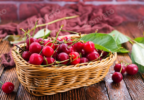 Basket of Fresh Red Cherries on Wood Table