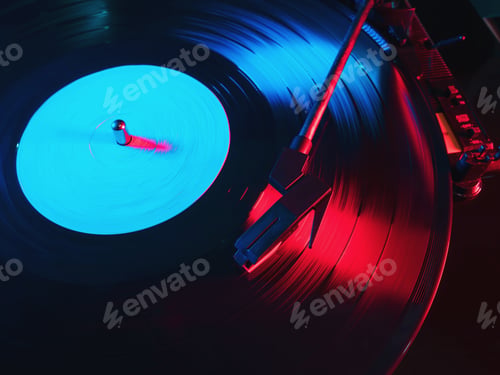 Preview: record vinyl player. Loop-able Vintage of Old Gramophone, playing a music. Neon light