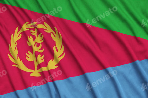 Preview: Eritrea flag is depicted on a sports cloth fabric with many folds. Sport team waving banner