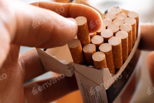 Preview: close up of person's hand pick a cigarette from the carton pack box