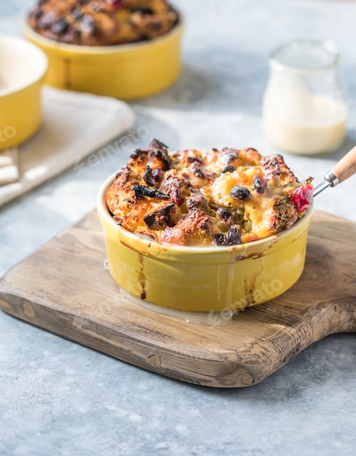Preview: Homemade bread pudding breakfast casserole with apples and cinnamon and egg white frosting